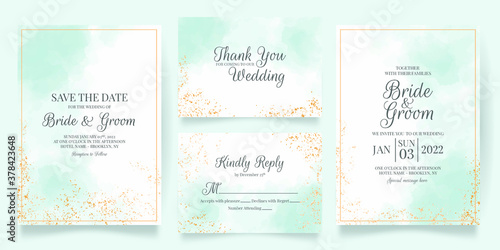 watercolor creamy wedding invitation card template set with golden floral decoration 