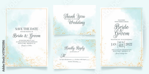 watercolor creamy wedding invitation card template set with golden floral decoration 