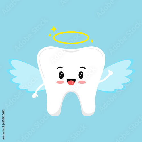 Cute tooth emoji angel isolated on blue background. Flat design cartoon kawaii style smiling character in angel with halo and wings carnival costume vector illustration. Children teeth hygiene concept