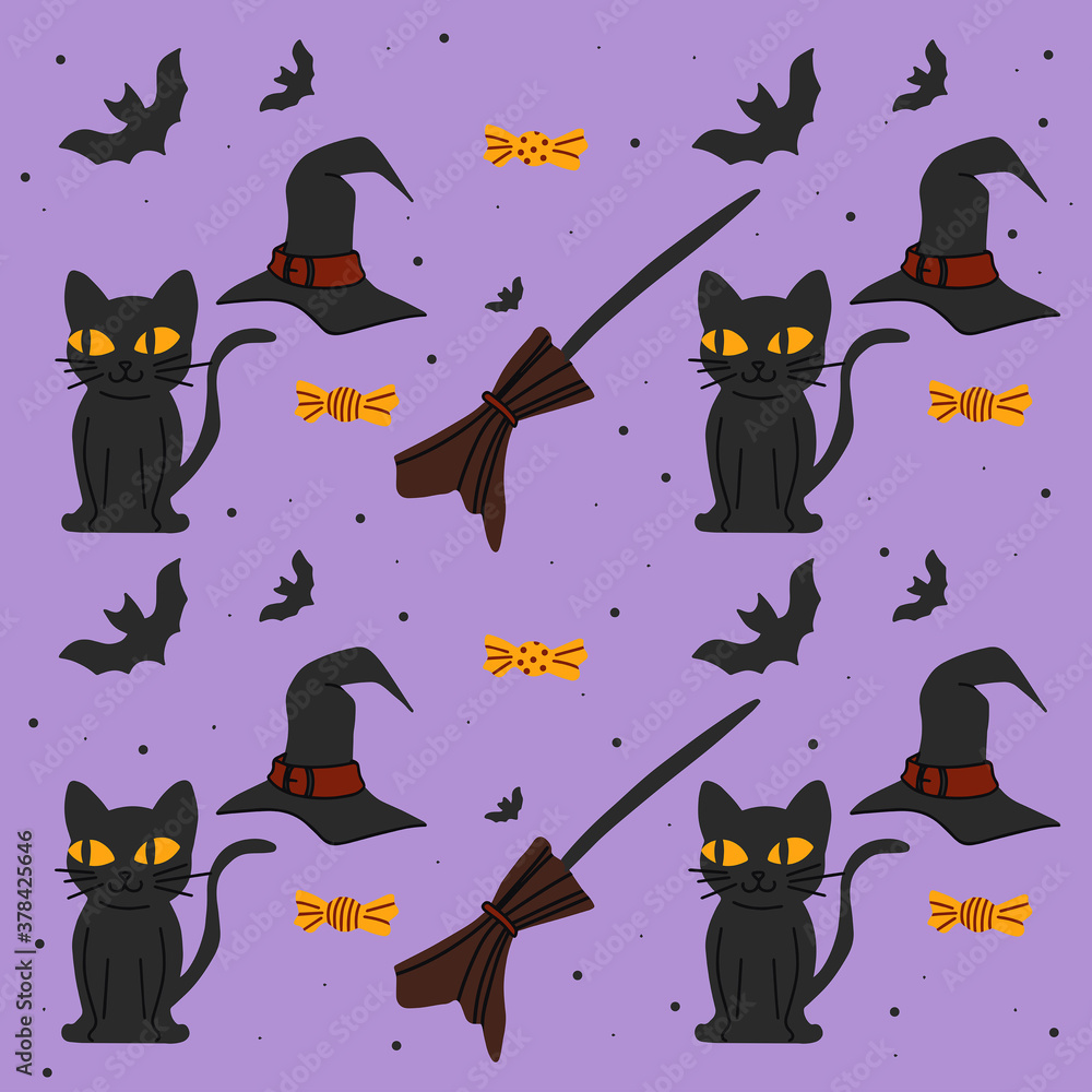 Naklejka Vector image of scary,creepy,yellow eyed black cats with brooms, bats, witch hats and yellow sweets on a purple background