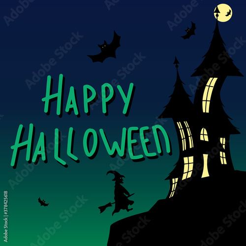 Halloween vector image of night sky with bats and fool moon on witch flyes a creepy silhuette of yellow eyed witch on a broom and a scary castle on background