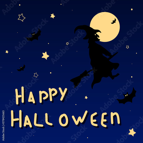 Halloween vector image of night sky with stars, bats and fool moon on witch flyes a creepy silhuette of yellow eyed witch on a broom