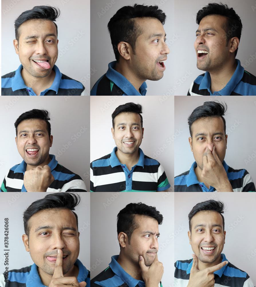 Fototapeta premium collage of different expressions of a young indian guy