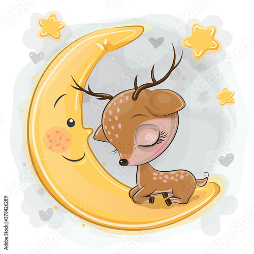 Cartoon Deer is sleeping on the moon