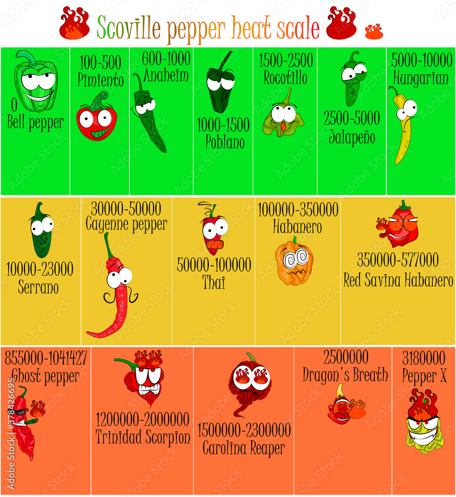 Scoville pepper heat scale. Pepper illustration from sweetest to very