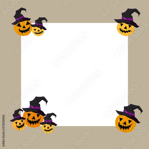 Vector editable template on on dirty gray background. Voluminous Jack Lantern pumpkin in wizard hats. Suitable for Halloween-themed decoration