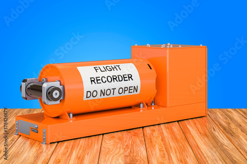 Flight data recorder, black box on the wooden table. 3D rendering