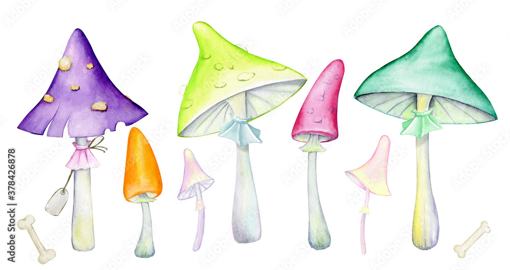 Multicolored mushrooms on an isolated background. Watercolor set of elements, in cartoon style, for a Halloween party.
