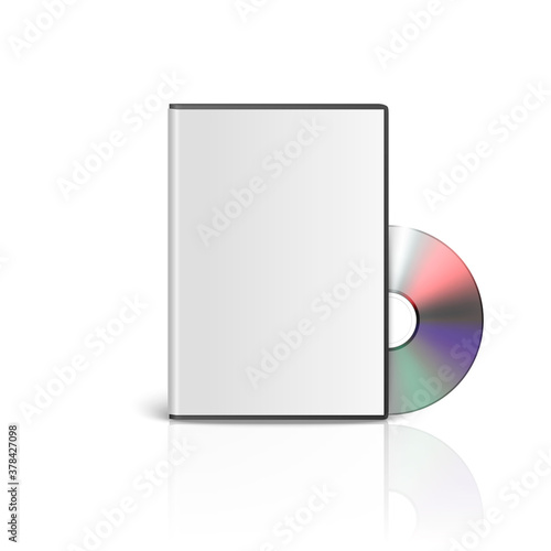 Vector 3d Realistic CD, DVD with Cover Box Set Closeup Isolated on White Background with Reflection. Design Template. CD Packaging Copy Space. Front View