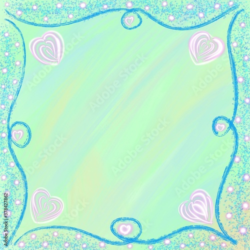 Aqua mint digital background with neon hearts.