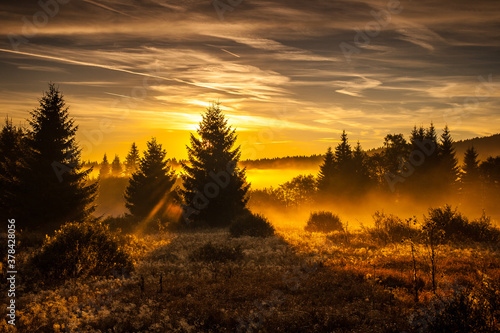 Sun rise in czech mountains Sumava  beautiful autumn morning  breathtaking sun light  foggy meadow  czech republic  zelezna ruda