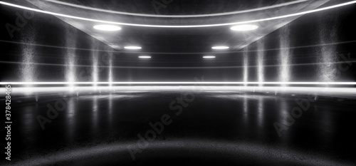 Glossy Stage Podium Neon Laser White Alien Modern Sci Fi Futuristic Dark Spaceship Empty Warehouse Metal Showcase Virtual Reality 3D Rendering