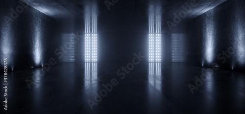 Fototapeta Naklejka Na Ścianę i Meble -  Big Large Neon Laser Blue Dark Night Warehouse Tunnel Corridor Concrete Garage Grunge Sci Fi Futuristic Underground Showcase Car Parking Empty 3D Rendering