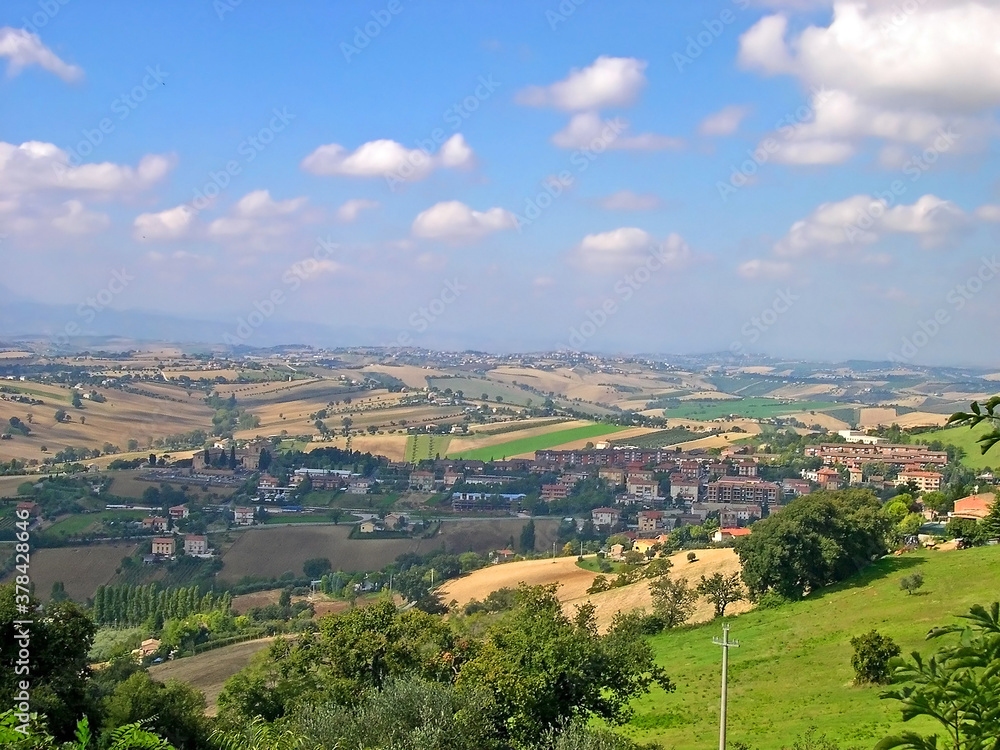 Italy, Marche, Recanati village and Apennines landscape view.