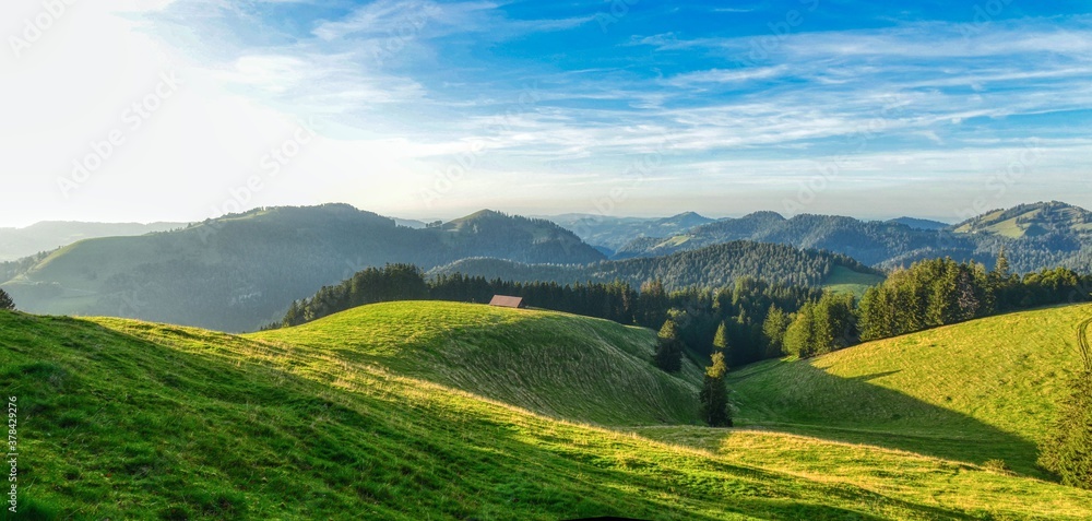 Panorama Tössstock, hills landscape, Hügel,  swiss hilly landscape on a beautiful summer evening