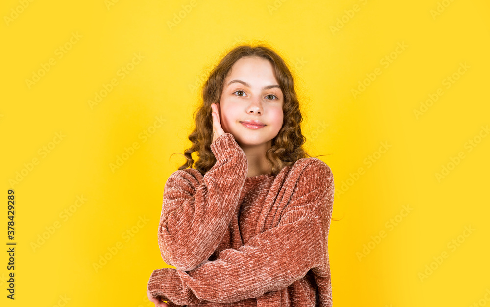 Enjoy silky hair. Beautiful little model. Healthy curls. Easy hairdo. Hairdresser salon. Pretty girl curly hair yellow background. Adorable small child. Beauty supplies. Perfectly untangle curly hair Enjoy silky hair. Beautiful little model. Healthy curls. Easy hairdo. Hairdresser salon. Pretty girl curly hair yellow background. Adorable small child. Beauty supplies. Perfectly untangle curly hair