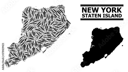 Vaccine mosaic and solid map of Staten Island. Vector map of Staten Island is organized from vaccine symbols and men figures. Abstraction for medical ads. Final win over virus outbreak.