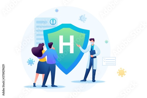 Protect yourself from the virus, health insurance. Keeps a social distance and wears masks. Flat 2D. Vector illustration for web design
