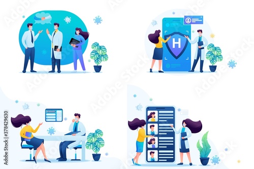 Set of web design on the topic of medicine during the epidemic. Vector illustration Keeping a distance and wearing masks