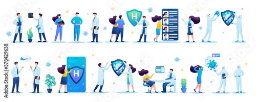 Sets of medical personage for creating illustrations and landing pages. Transmission of the virus, testing for the virus
