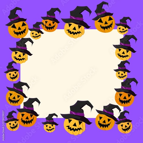 Vector editable template on bright purple background. Drawn cute Jack Lantern pumpkin in wizard hats are located around the perimeter of a rectangle. Suitable for Halloween decoration.
