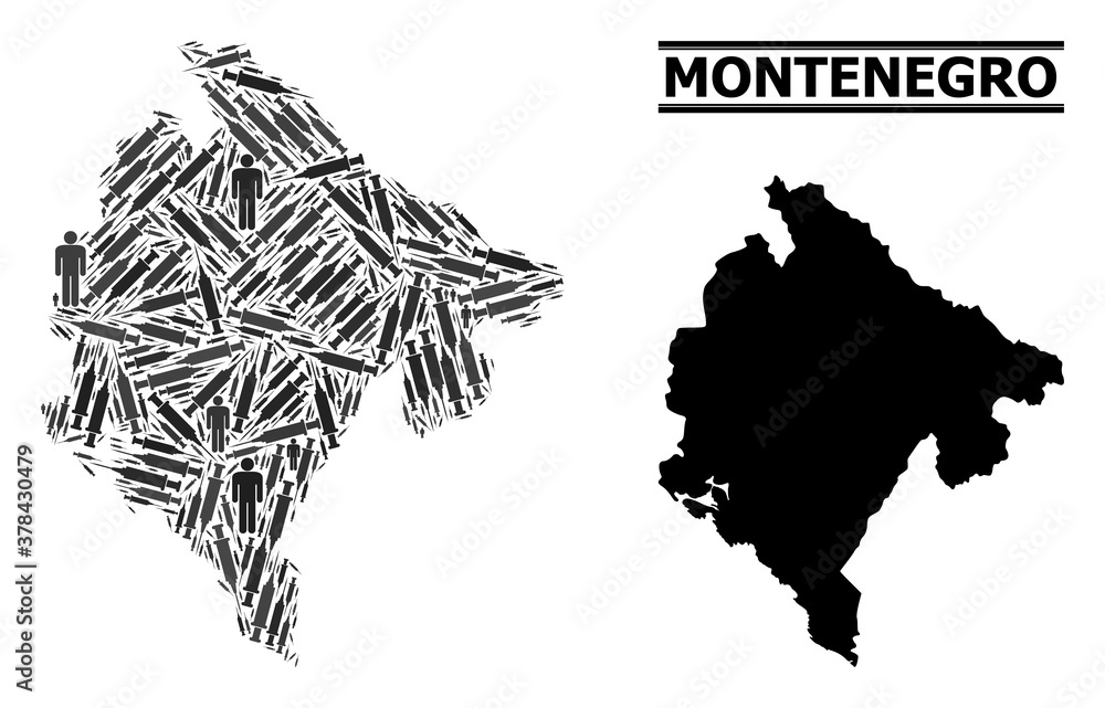 Covid-2019 Treatment mosaic and solid map of Montenegro. Vector map of