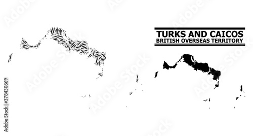 Virus therapy mosaic and solid map of Turks and Caicos Islands. Vector map of Turks and Caicos Islands is shaped of inoculation icons and human figures. Collage is useful for epidemic aims.