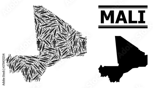 Virus therapy mosaic and solid map of Mali. Vector map of Mali is made with injection needles and men figures. Collage is useful for medical purposes. Final solution over virus outbreak.