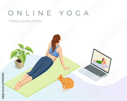 Isometric sporty young woman doing yoga practice. Fitness instructor taking online yoga classes over a video call in laptop. Healthy life concept.