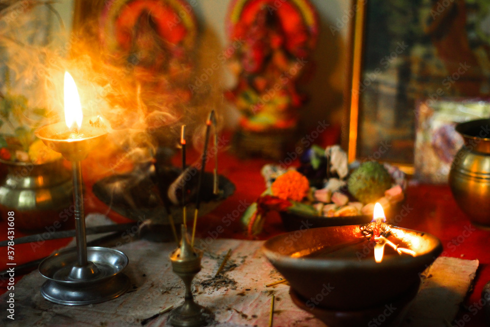 lamp and inscense sticks as an offering to god for worship