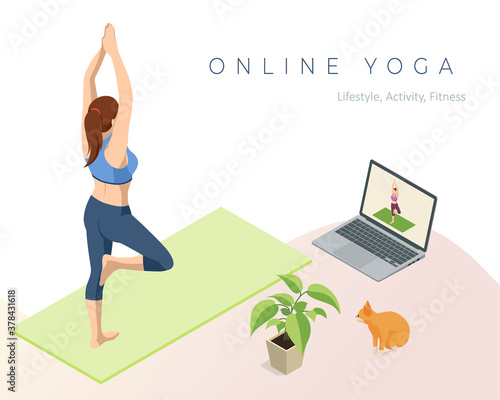 Isometric sporty young woman doing yoga practice. Fitness instructor taking online yoga classes over a video call in laptop. Healthy life concept.