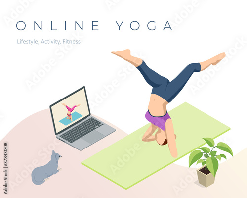 Isometric sporty young woman doing yoga practice. Fitness instructor taking online yoga classes over a video call in laptop. Healthy life concept.