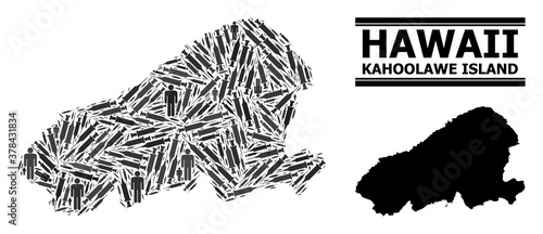 Vaccine mosaic and solid map of Kahoolawe Island. Vector map of Kahoolawe Island is designed of vaccine doses and human figures. Abstraction is useful for outbreak ads.