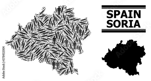 Covid-2019 Treatment mosaic and solid map of Soria Province. Vector map of Soria Province is created with vaccine doses and people figures. Abstraction designed for pandemic templates.