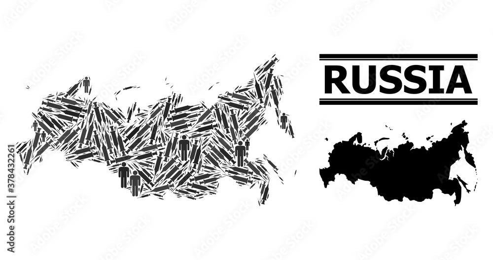 Virus therapy mosaic and solid map of Russia. Vector map of Russia is done of inoculation icons and human figures. Collage for health care aims. Final win over virus outbreak. Virus therapy mosaic and solid map of Russia. Vector map of Russia is done of inoculation icons and human figures. Collage for health care aims. Final win over virus outbreak.