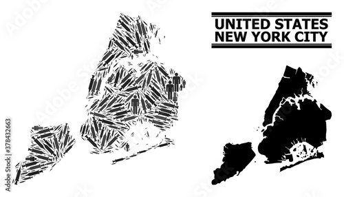 Virus therapy mosaic and solid map of New York City. Vector map of New York City is designed of vaccine doses and people figures. Template designed for outbreak aims.