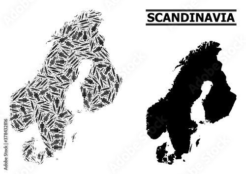 Vaccine mosaic and solid map of Scandinavia. Vector map of Scandinavia is formed from vaccine doses and men figures. Abstraction is useful for lockdown alerts. Final win over Covid-2019.