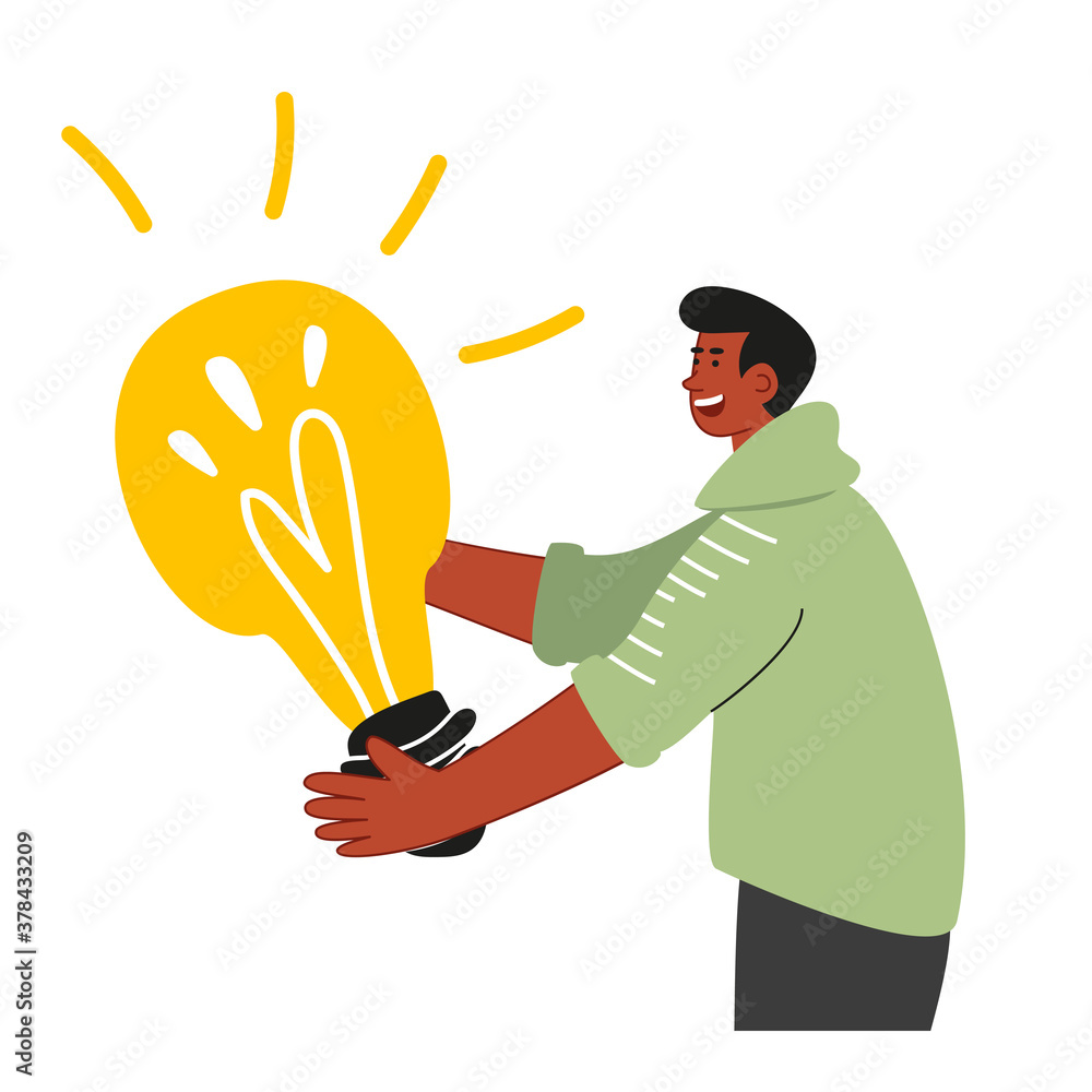 A young scientist holds a huge glowing light bulb in his hands, as a symbol of an idea. Startup and investment. Marketing strategy, brainstorming, success. Vector illustrations of people