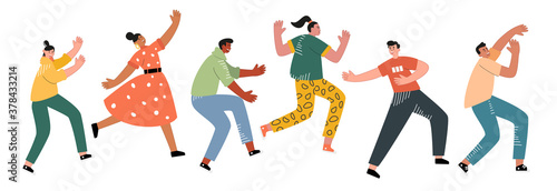 Funny dancers in different poses enjoy a dance party. Smiling young men and women at a music festival . Cute vector illustration