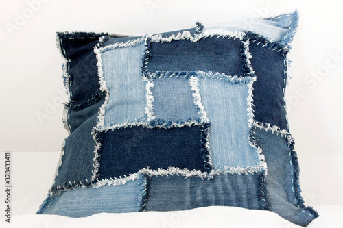 Home made recycled jeans pillow