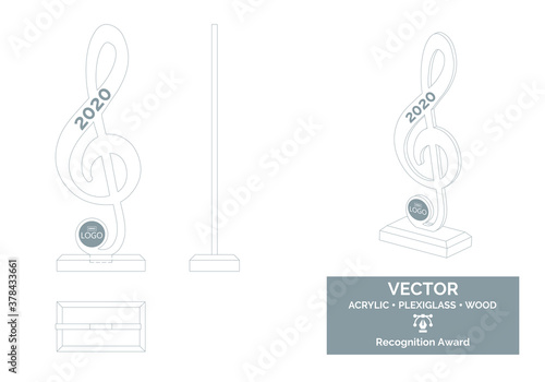 Music clef Trophy Vector Template, Musician trophy Distinction Award, Singer Recognition trophy Award