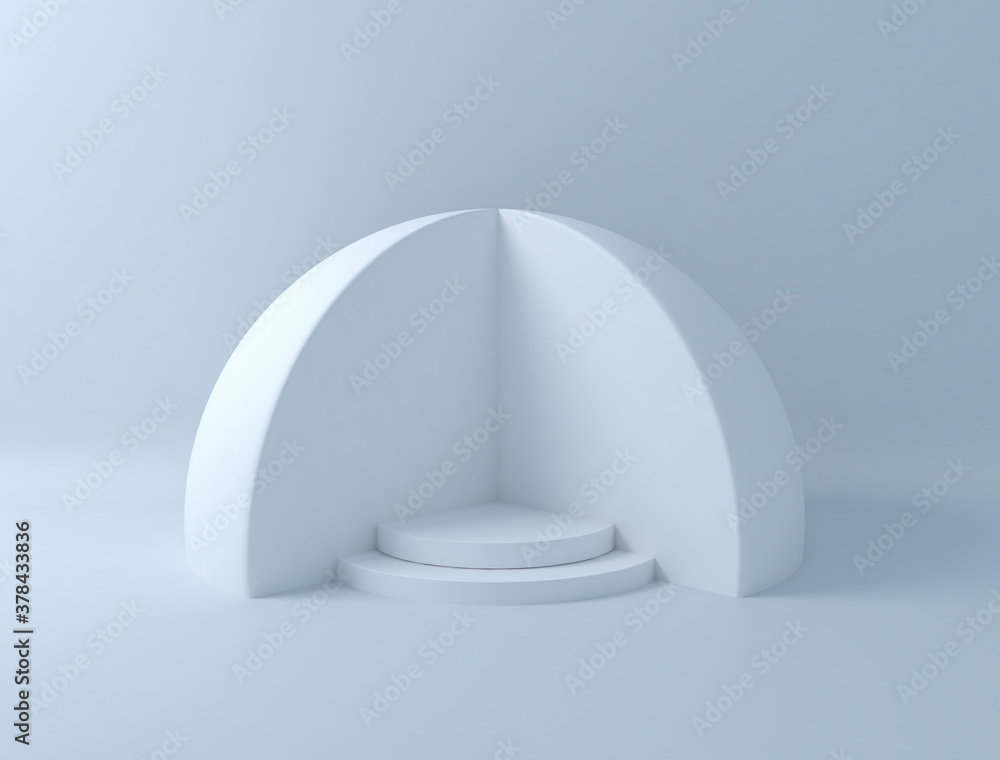 Abstract podium showcase 3d dome structure. white product display or on simple background circles cylinder podium stand. 3d render 