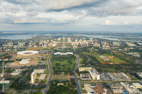 BRASILIA / BRAZIL - MAY 5 2020: Aerial view of Brasilia's "Eixo Monumental" avenue, the soccer stadium and the convention center among other buildings.
