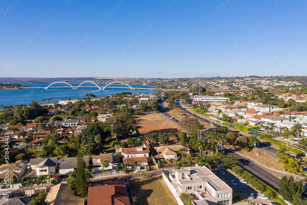 Aerial view of Brasilia's JK bridge and its South Lake neighborhood.