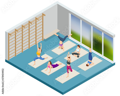 Isometric sporty young women doing yoga. Yoga Practice Exercise Class. Fitness instructor taking online yoga classes over a video call in laptop. Healthy life concept.