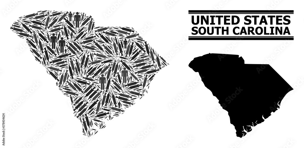 Covid-2019 Treatment mosaic and solid map of South Carolina State. Vector map of South Carolina State is organized from vaccine doses and people figures. Abstraction for isolation templates. Covid-2019 Treatment mosaic and solid map of South Carolina State. Vector map of South Carolina State is organized from vaccine doses and people figures. Abstraction for isolation templates.