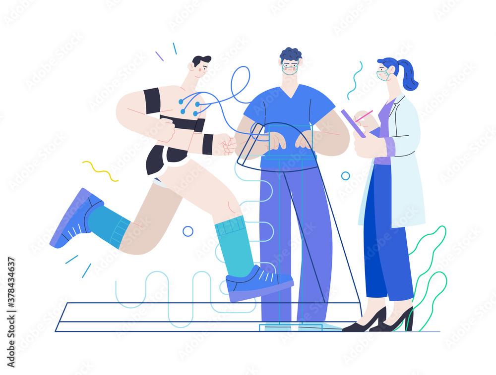 Medical tests template - cardiac stress test -modern flat vector concept digital illustration of stress test procedure -patient with sensors on treadmill and doctors carrying out procedure, laboratory Medical tests template - cardiac stress test -modern flat vector concept digital illustration of stress test procedure -patient with sensors on treadmill and doctors carrying out procedure, laboratory