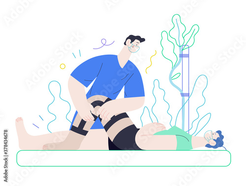 Medical insurance - orthopedic and traumathology -modern flat vector concept digital illustration - an orthopaedist attaching the orthosis to a lying female patient, medical office or laboratory