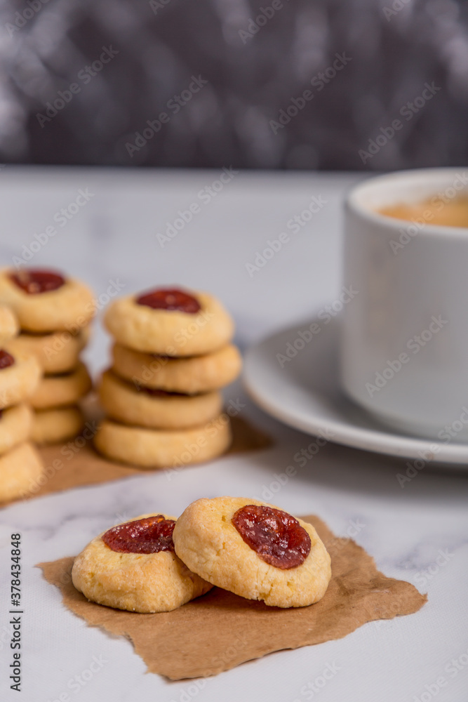 quince cookies on marble board with coffee