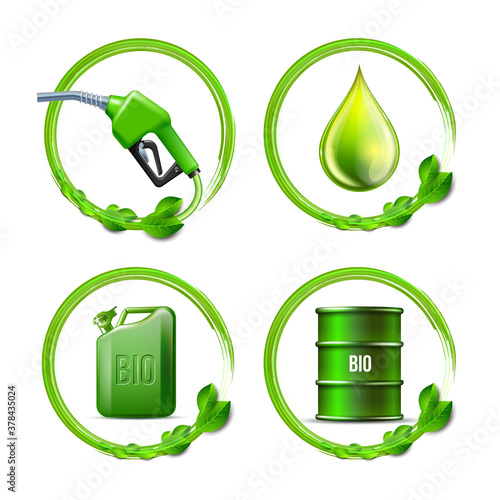 Set of green oil industry equipment with word BIO and green leaves isolated on white background